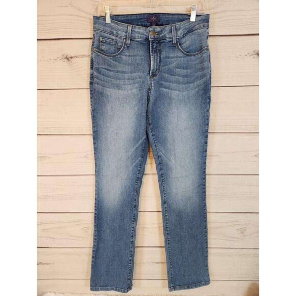 Nydj Women's Blue Solid Stretch Cotton Blend Mid Rise Straight Leg Jeans Size 10